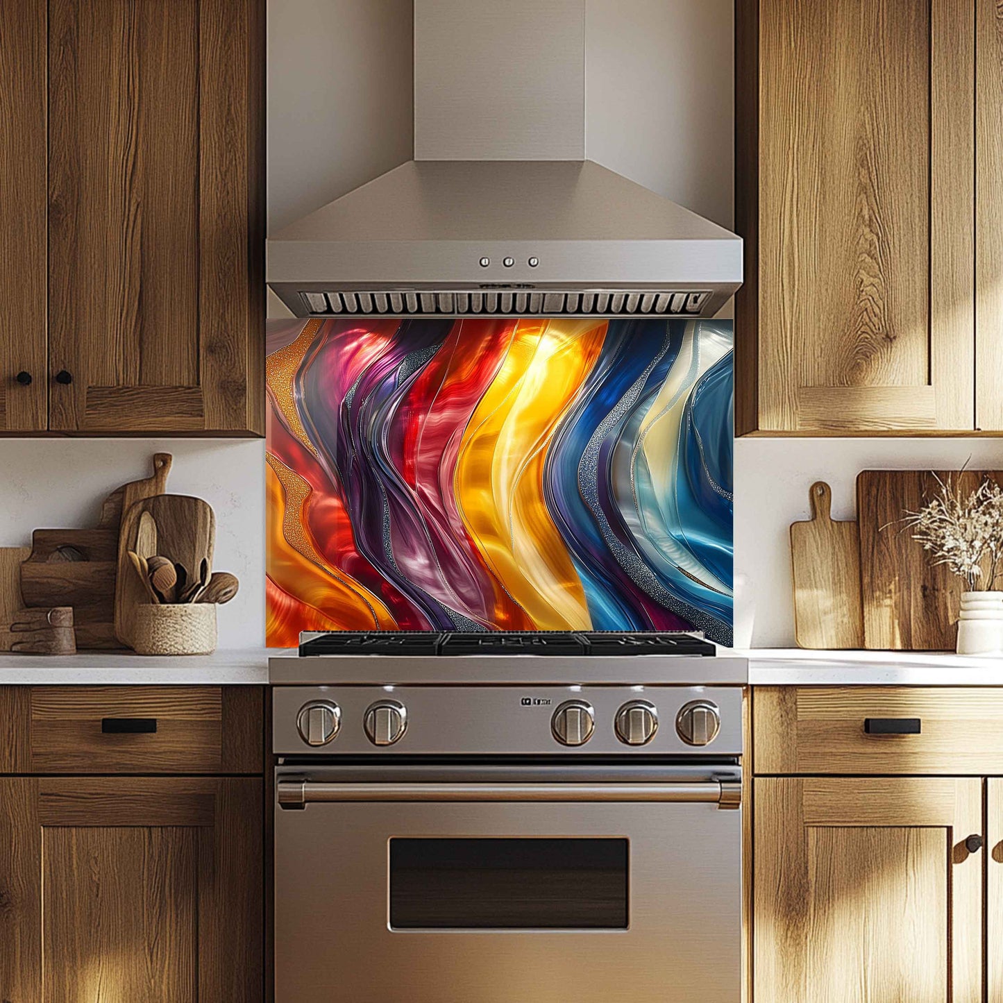 Aurora Waves Tempered Glass Backsplash – Modern Abstract Custom Kitchen Wall Panel