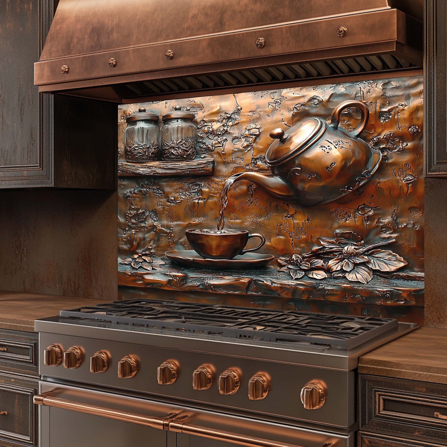 Herbal Tea Tempered Glass Backsplash – Copper Look Rustic Backsplash for Kitchen