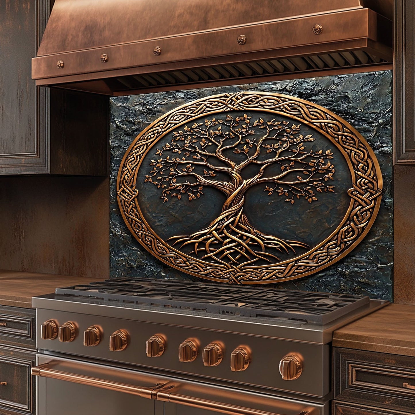 Celtic Tree of Life Glass Backsplash – Bronze Kitchen Backsplash for Stove