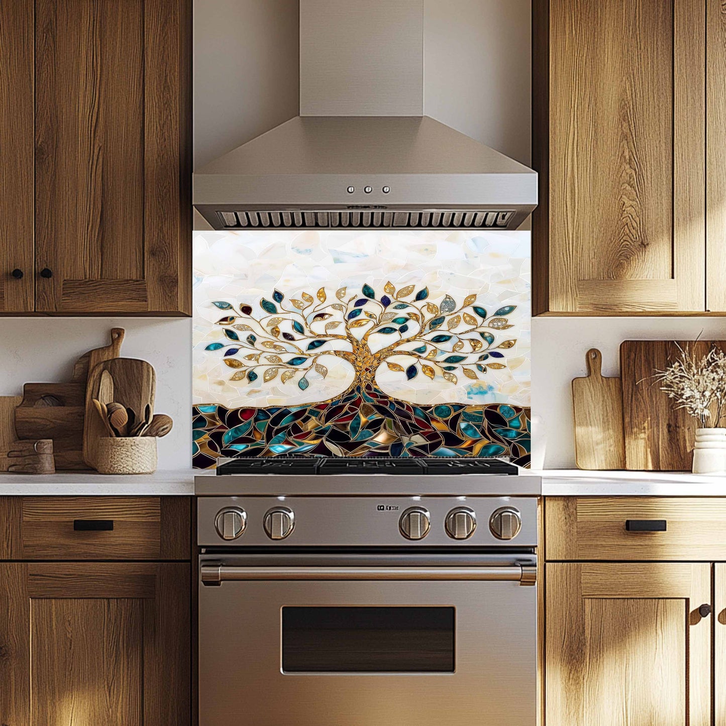 Custom Kitchen Backsplash – Gem Roots Tempered Glass Stove Backsplash