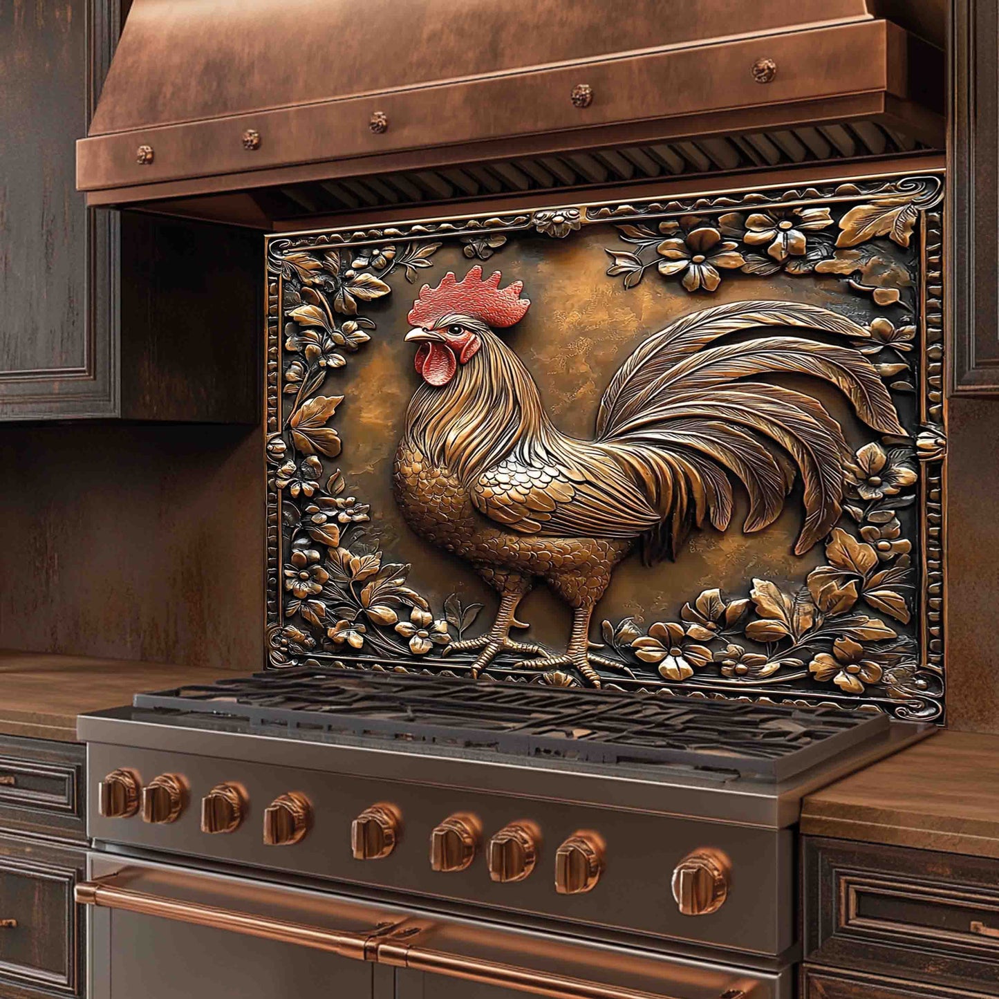 Rooster Copper Look– Tempered Glass Backsplash for Rustic Kitchen