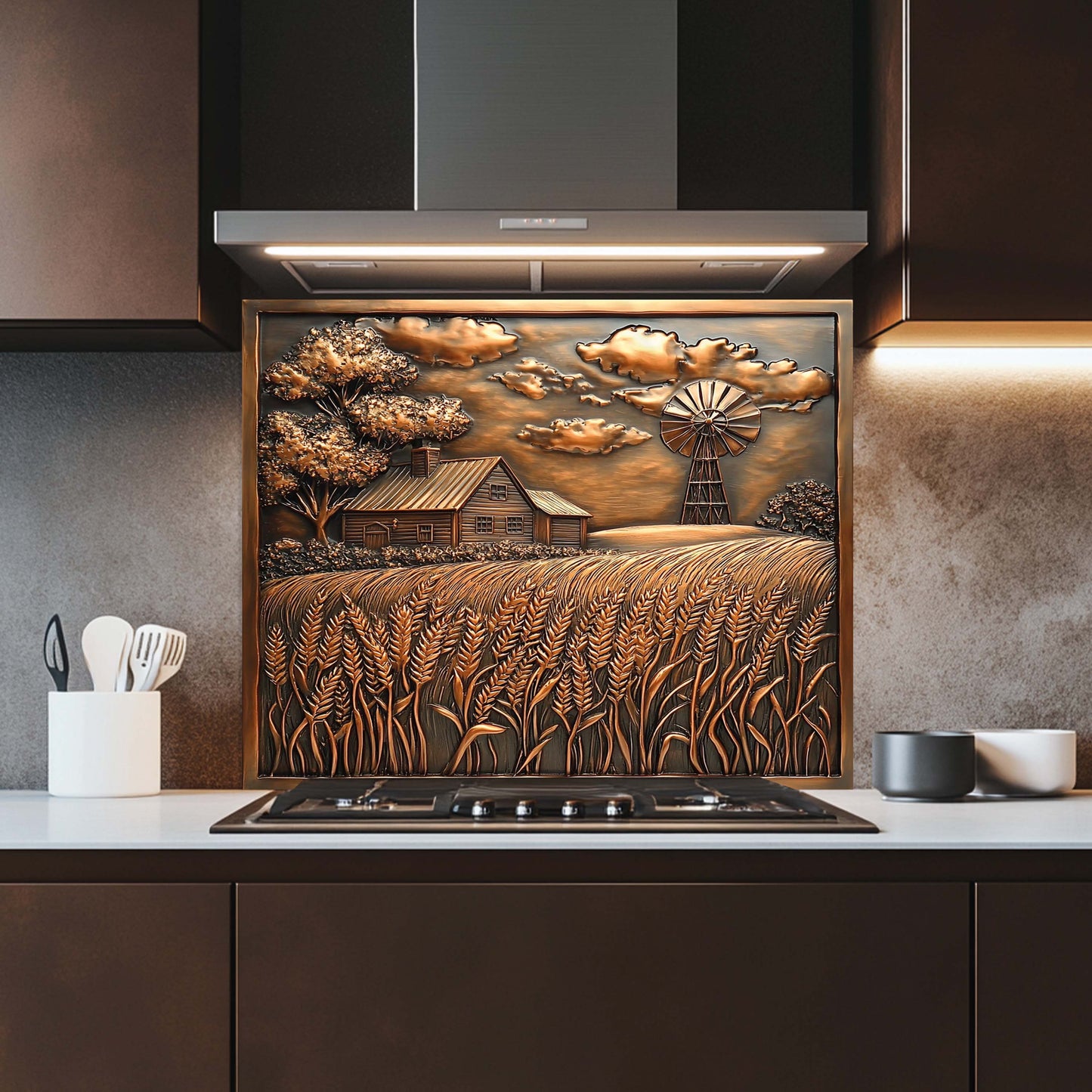 Harvest Hills Tempered Glass Backsplash – Copper Look Farmhouse Kitchen Backsplash