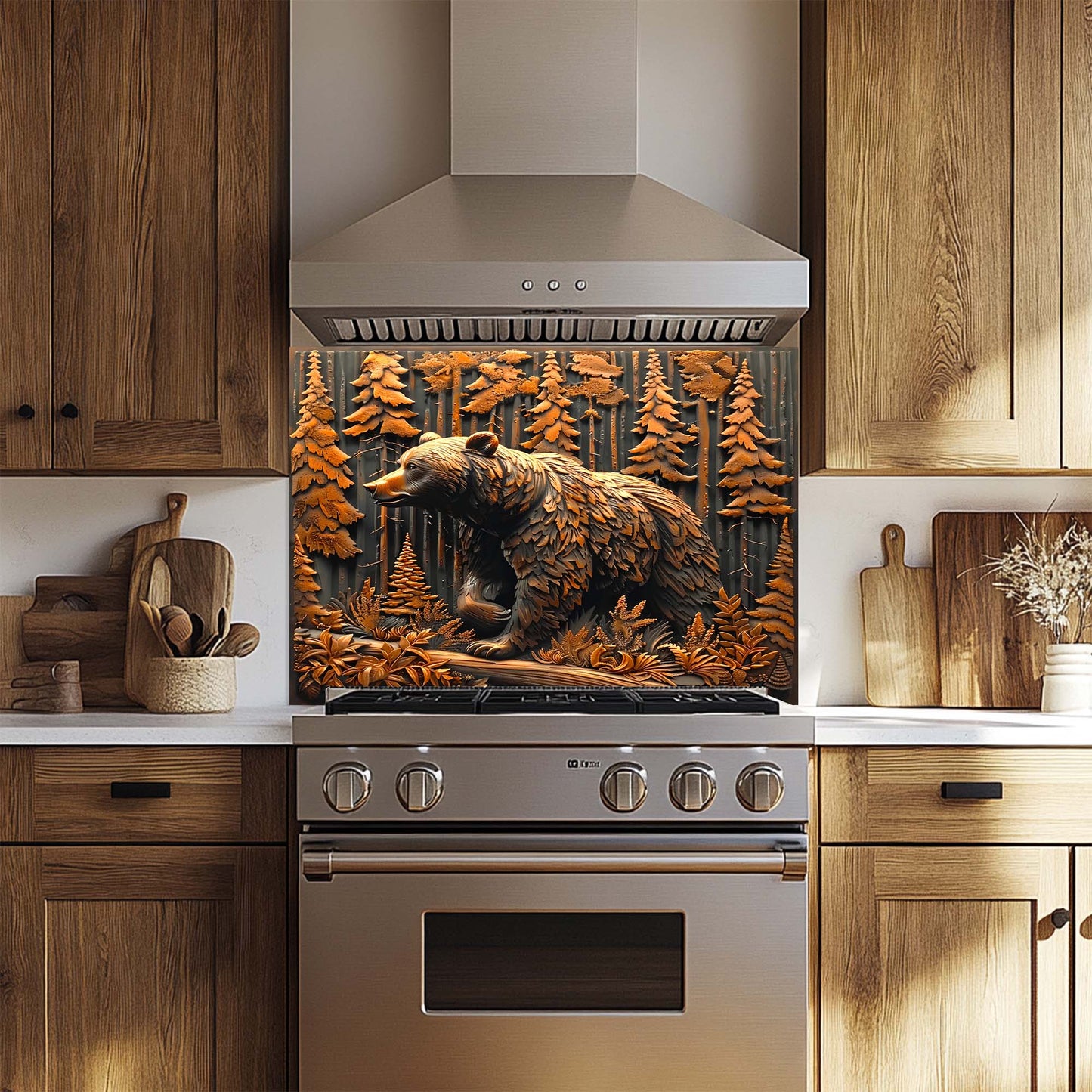 Forest Guardian – Tempered Glass Backsplash for Kitchen Stove | Copper Look Backsplash