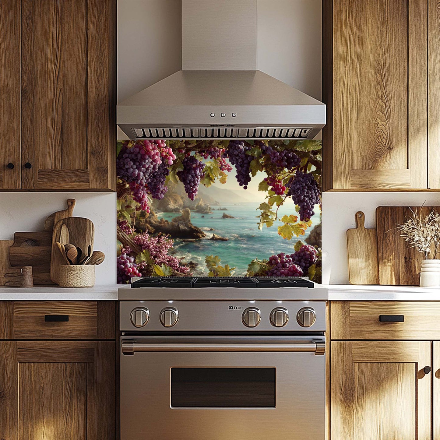 Coastal Grapevine – Tempered Glass Backsplash for Stove | Vineyard Ocean View Backsplash