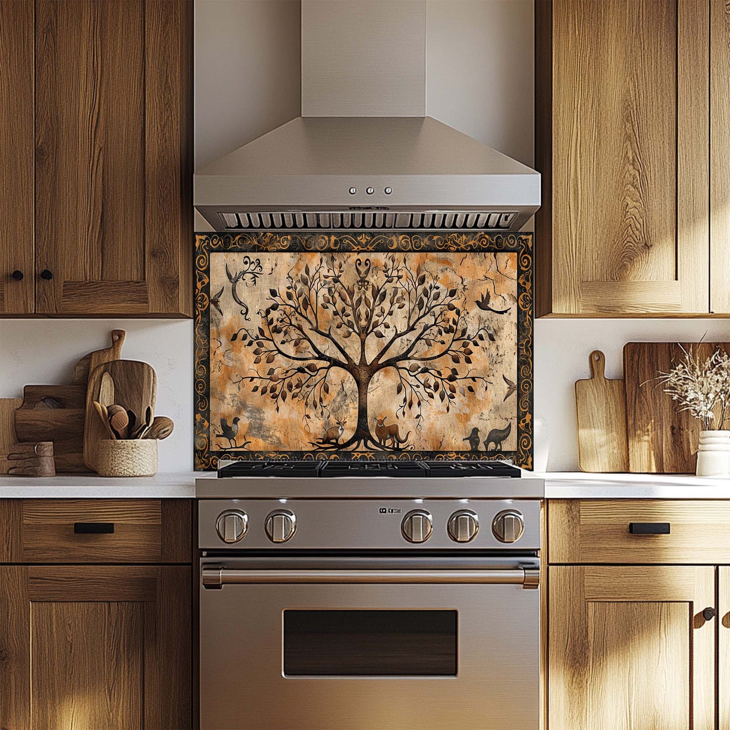 Golden Paws – Tempered Glass Backsplash for Kitchen | Tree of Life with Animals Backsplash