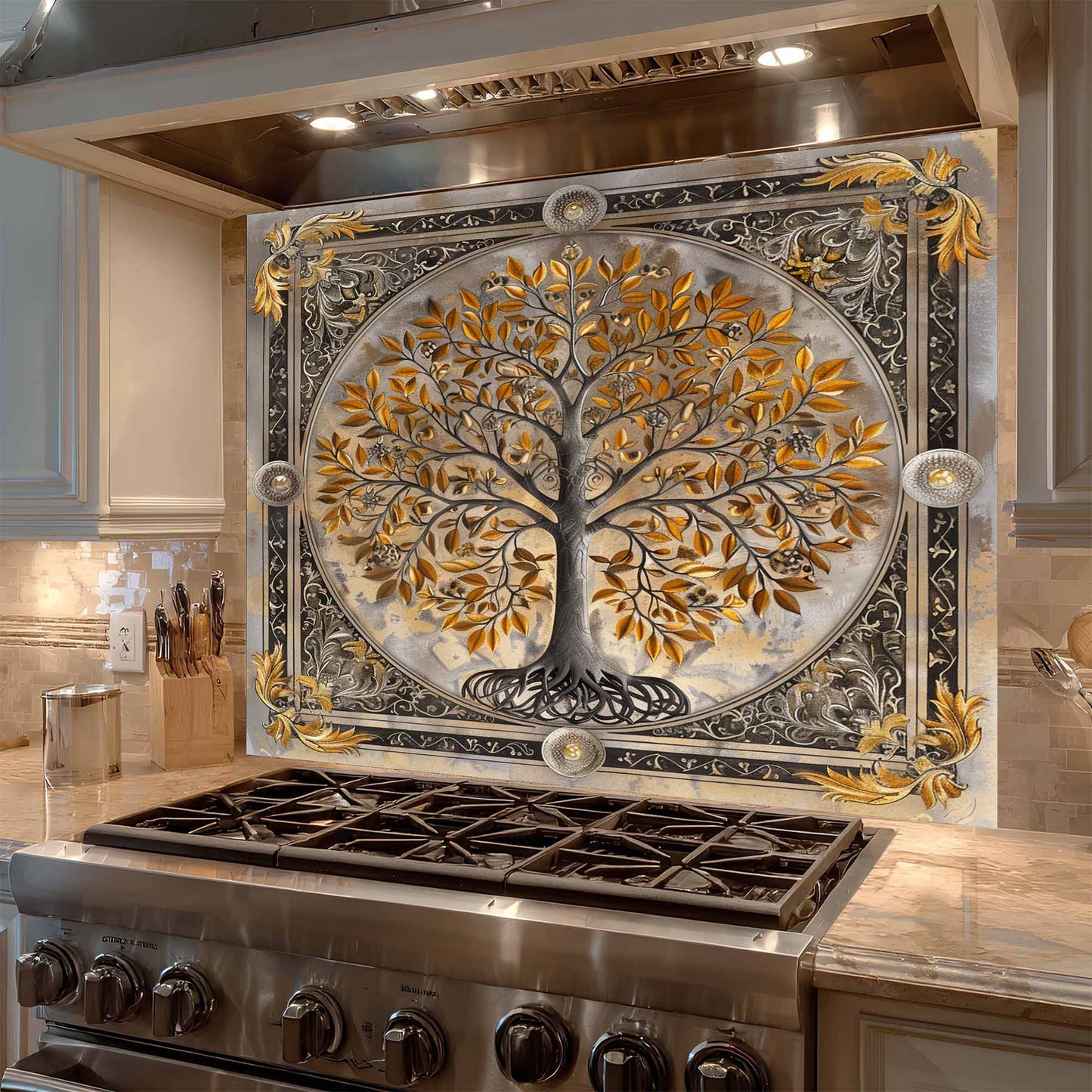 Gilded Harmony Tree of Life Kitchen Backsplash – Tempered Glass Backsplash for Stove