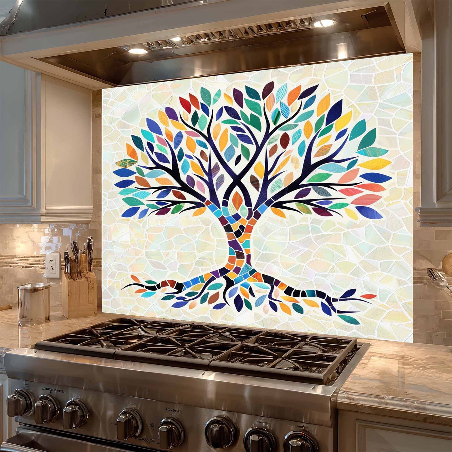 Mosaic Tempered Glass Backsplash – Tree of Life Kitchen Backsplash for Stove or Sink