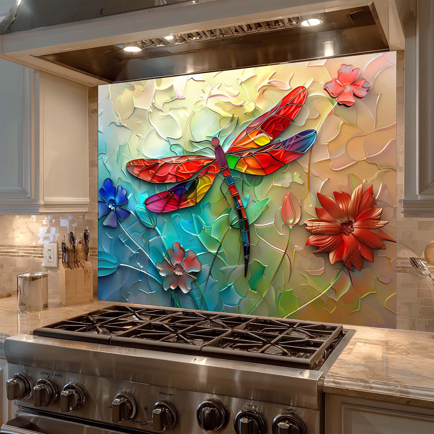 Custom Kitchen Backsplash – Rainbow Dragonfly Tempered Glass Stove Backsplash