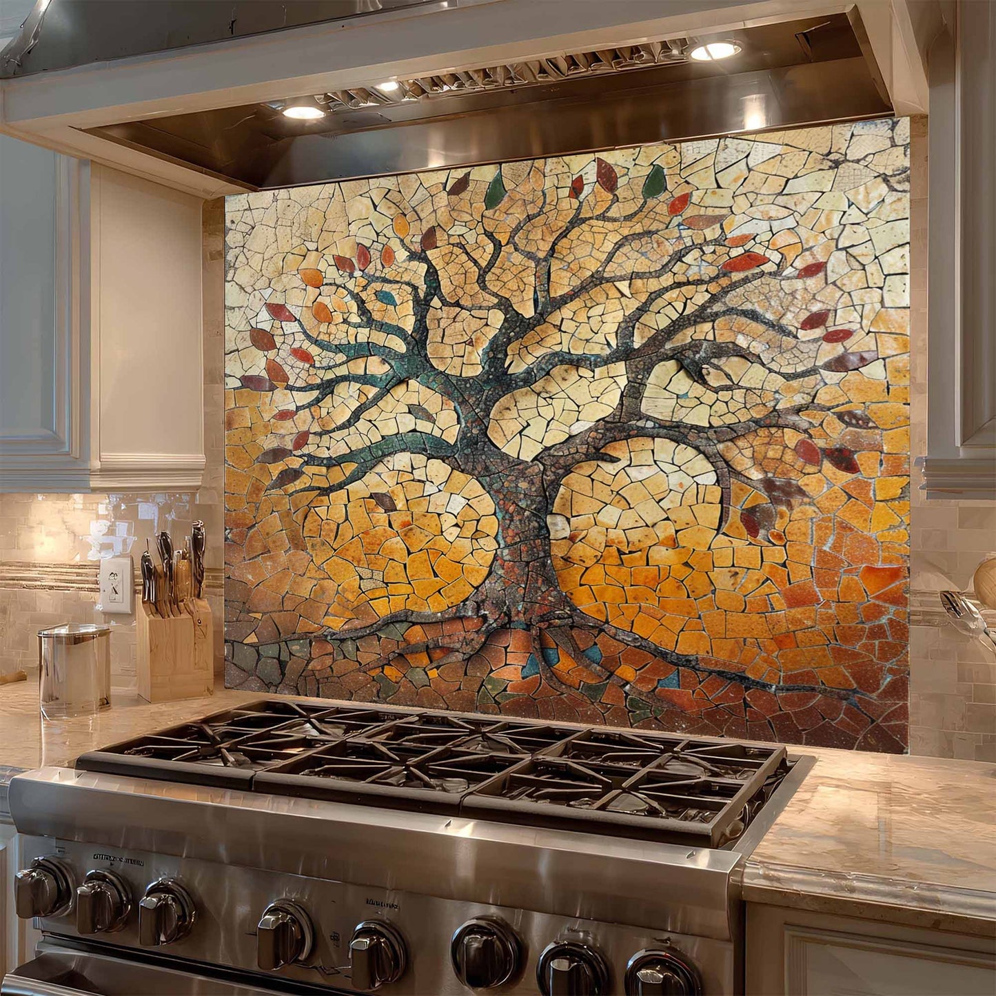 Rustic Tempered Glass Backsplash – Autumn Mosaic Tree of Life Kitchen Backsplash