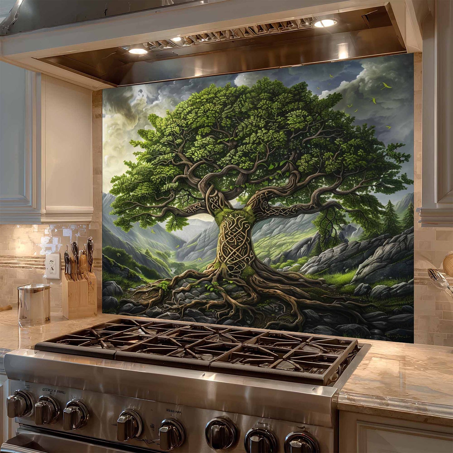 Celtic Mountain Tree Tempered Glass Backsplash – Kitchen Backsplash Behind Stove