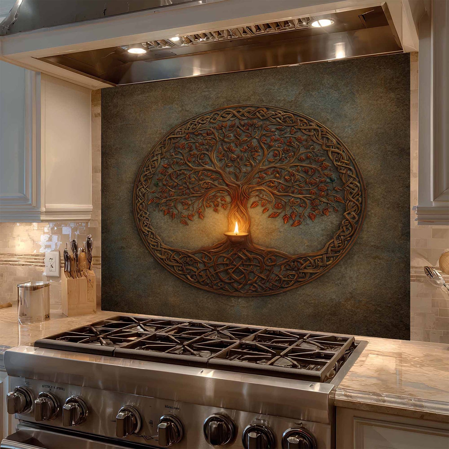 Celtic Light Tempered Glass Backsplash – Tree of Life Kitchen Backsplash