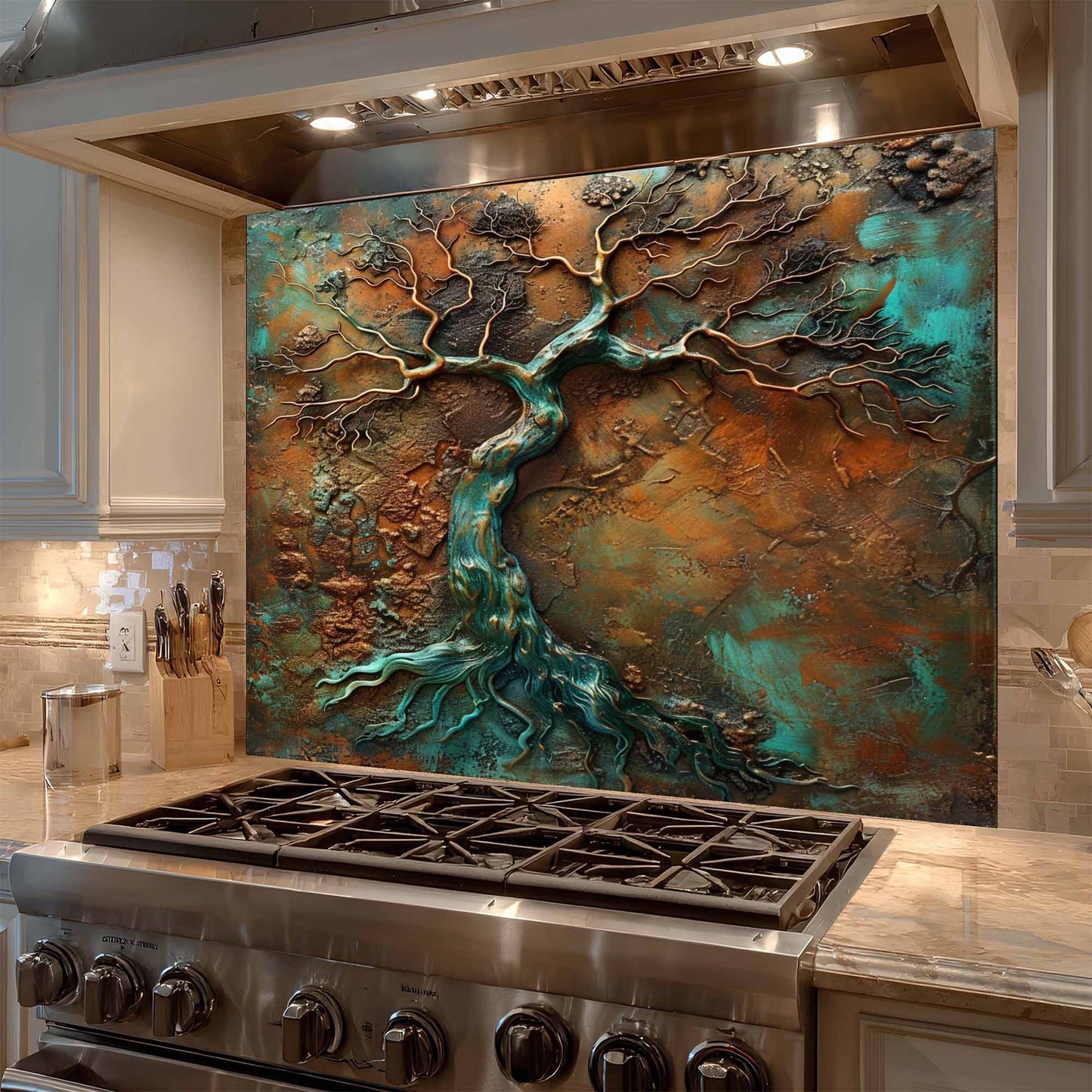 Flowing Copper Roots Tempered Glass Backsplash – Kitchen Backsplash Behind Stove