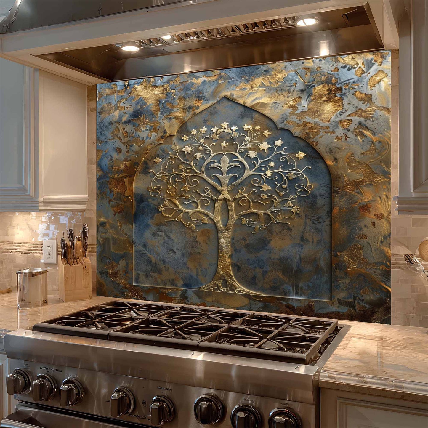 Golden Bloom Tempered Glass Backsplash – Tree of Life Kitchen Backsplash