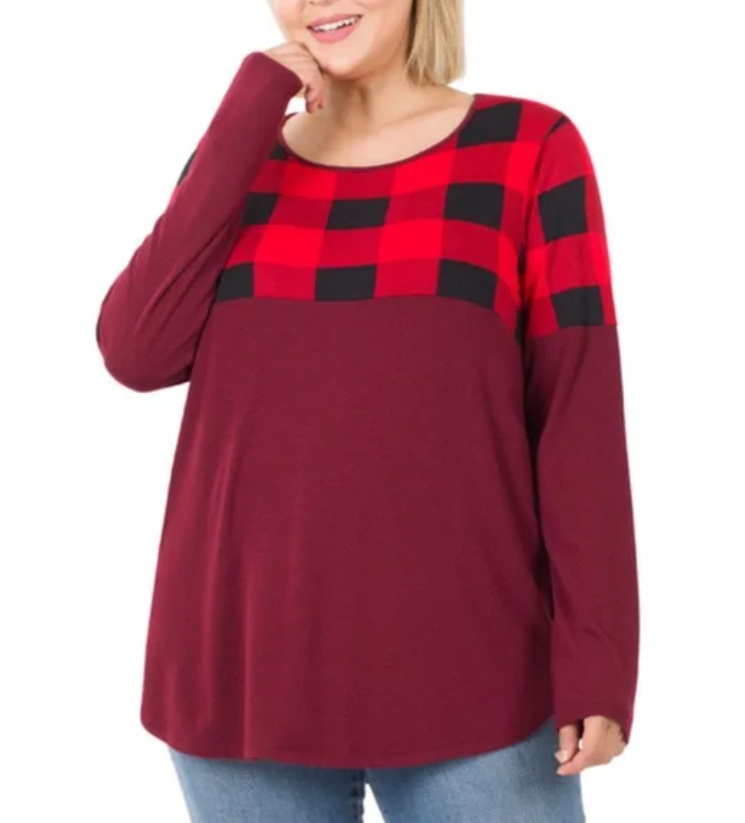 Long sleeve buffalo plaid and burgundy top
