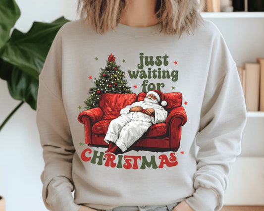 Just Waiting for Christmas Sweatshirt | Adult & Youth Sizes | Cute Santa Christmas Tee or Crewneck | Holiday Countdown Shirt
