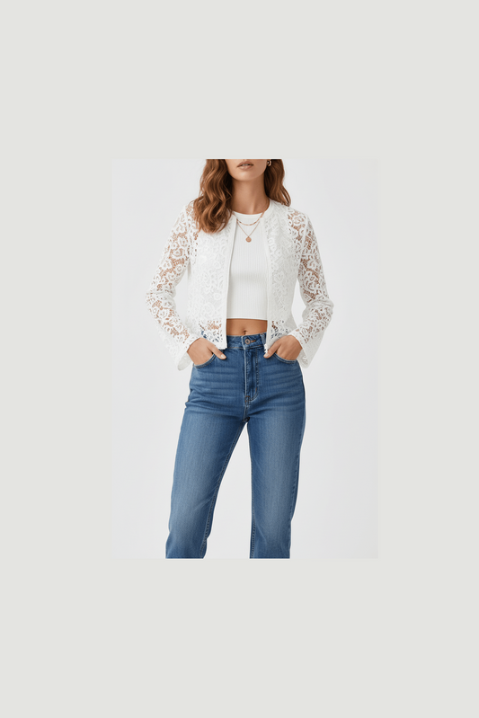 White Lace Zipper Cardigan Jacket