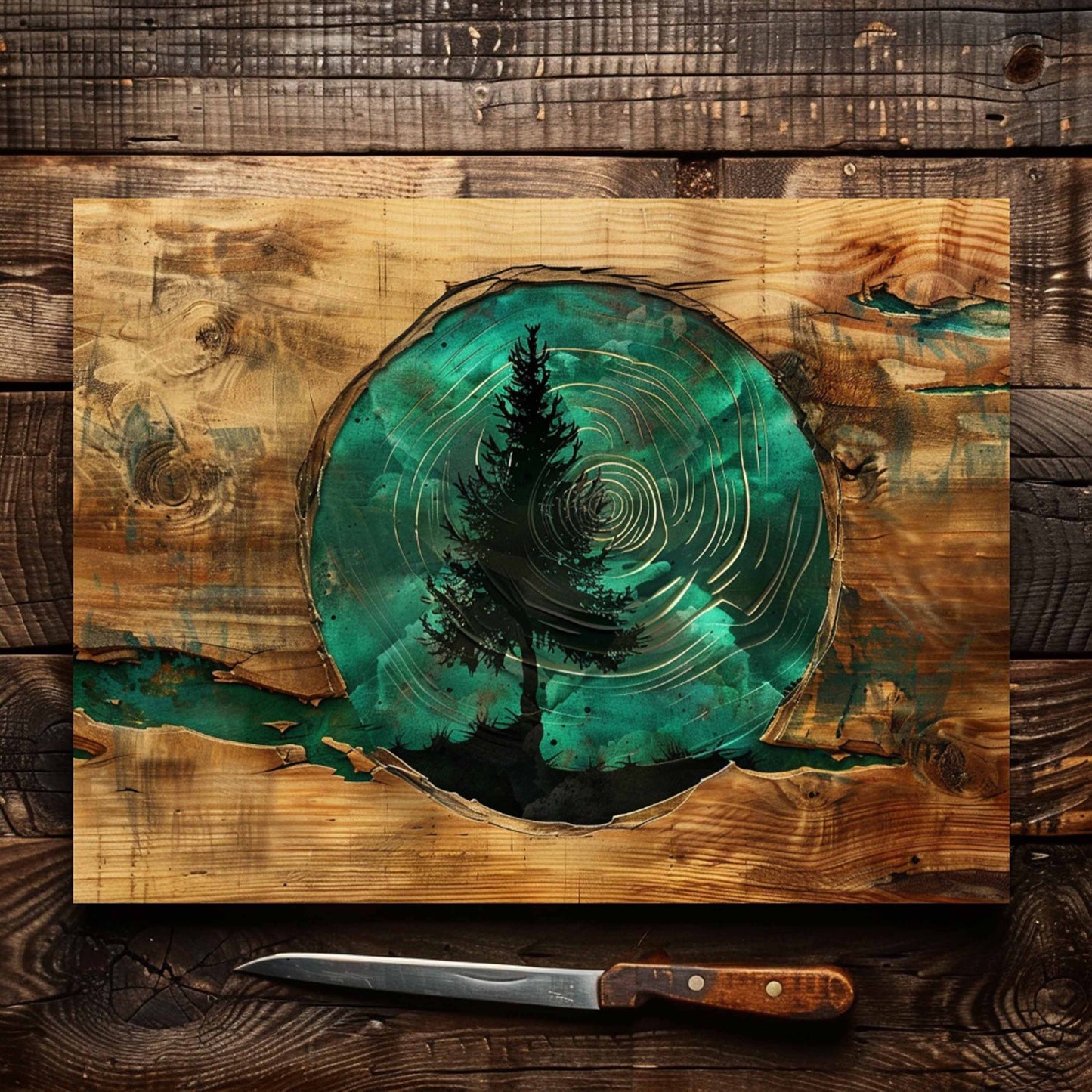 Evergreen Glass Cutting Board – Tempered Glass Kitchen Board with Epoxy Wood Look