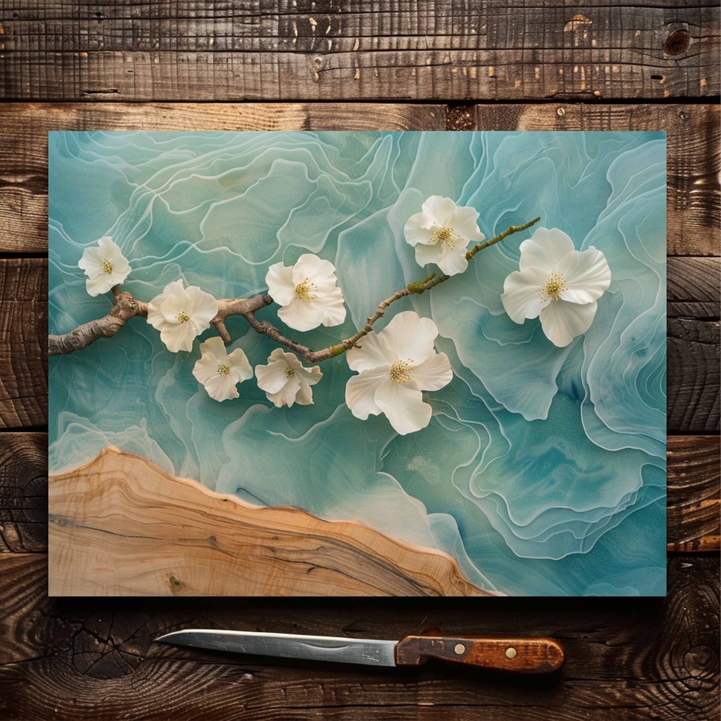 Tempered Glass Cutting Board – Glass Kitchen Board with Floral Epoxy Wave Design
