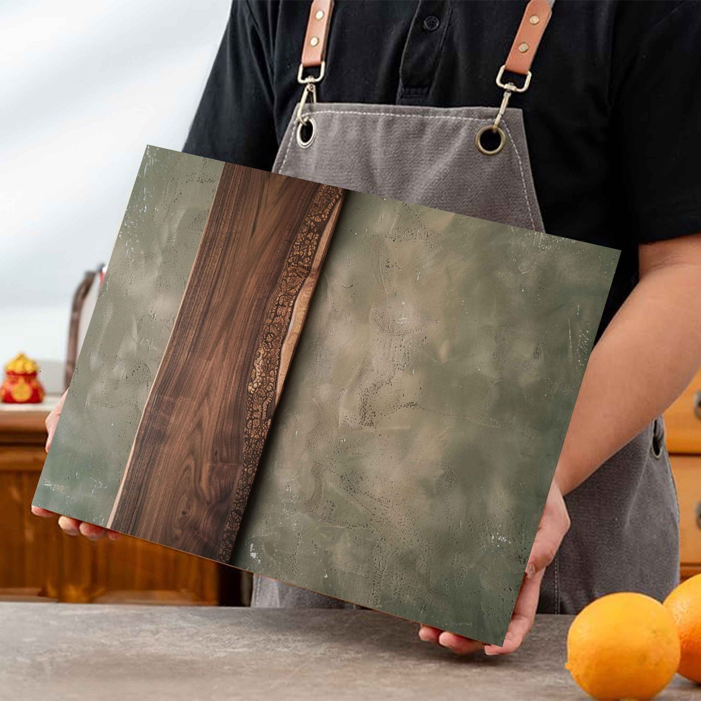 Tempered Glass Cutting Board with Realistic Wood Grain and Ornamental Detail